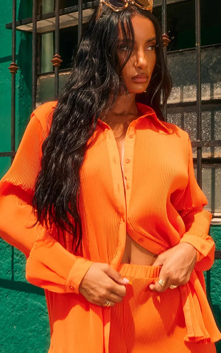 Orange Plisse Oversized Button Front Shirt