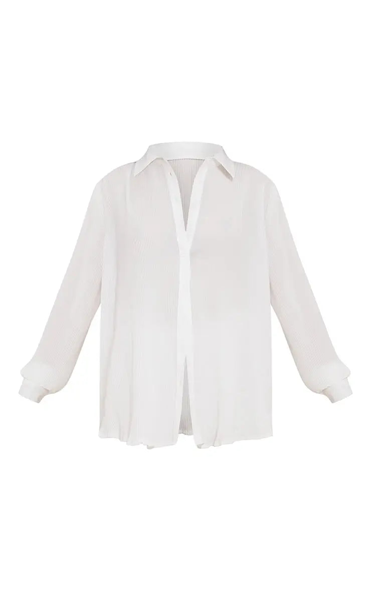 White Plisse Oversized Button Front Shirt