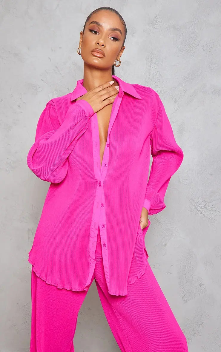 Pink Plisse Oversized Button Front Shirt