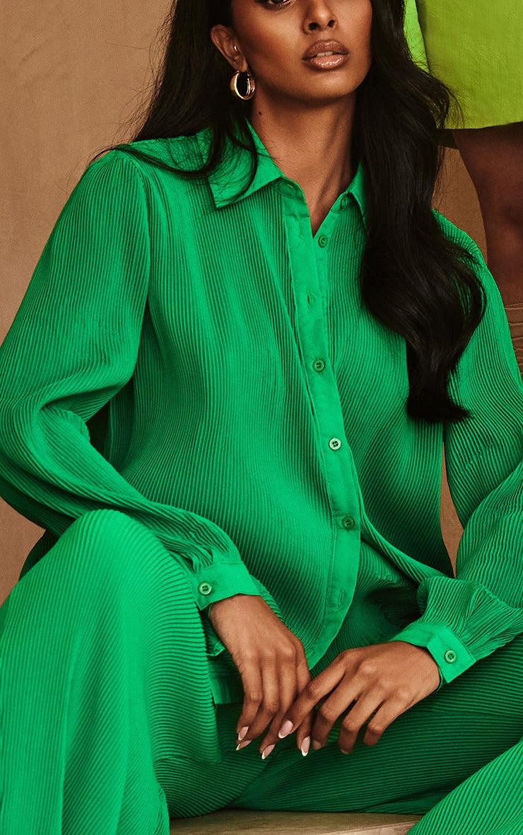 Green Plisse Oversized Button Front Shirt