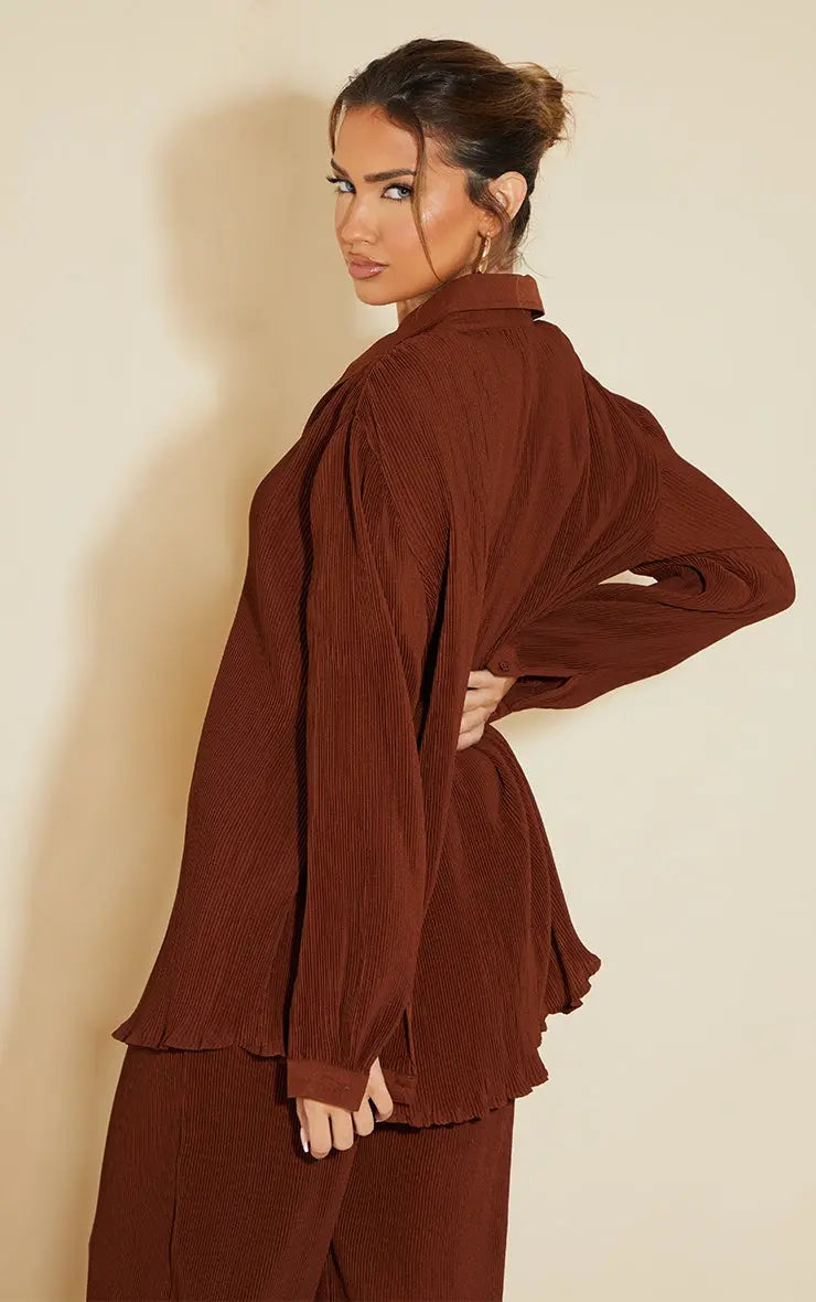Brown Plisse Oversized Button Front Shirt