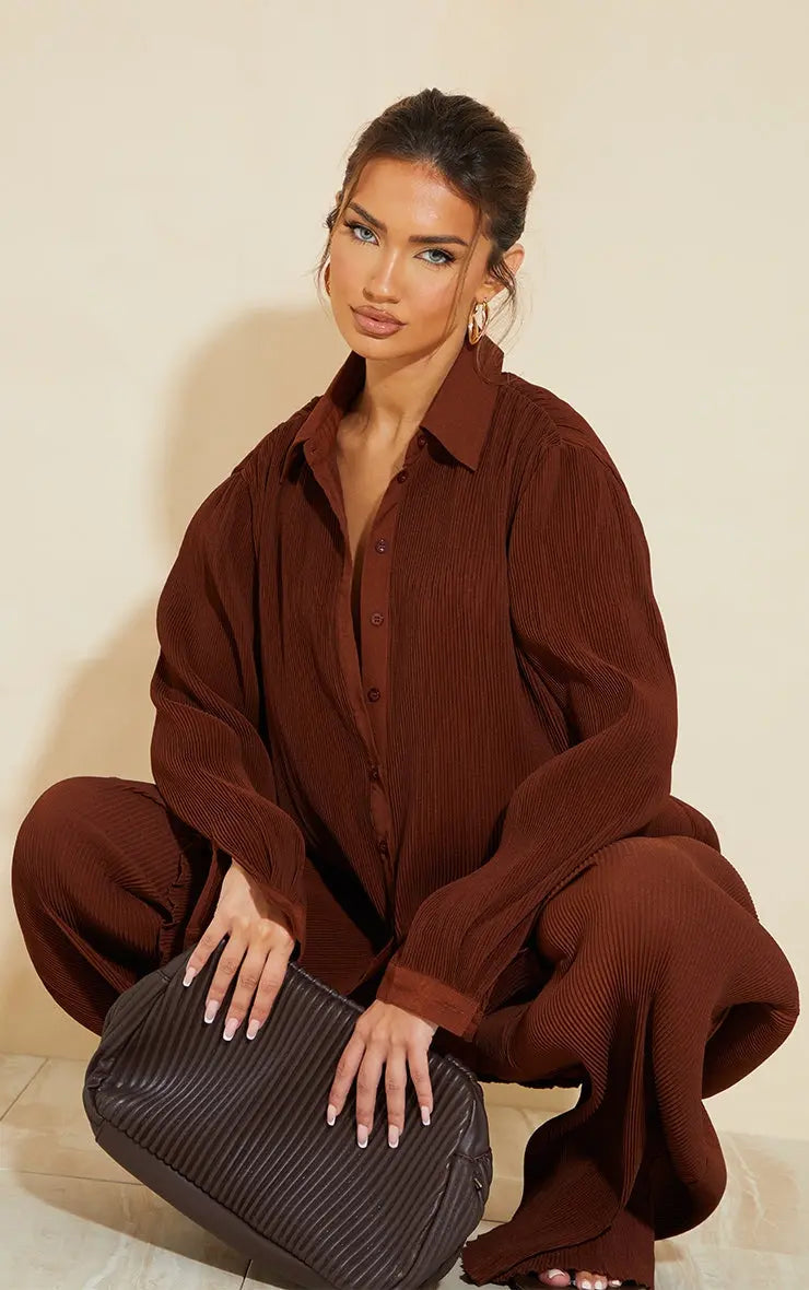 Brown Plisse Oversized Button Front Shirt
