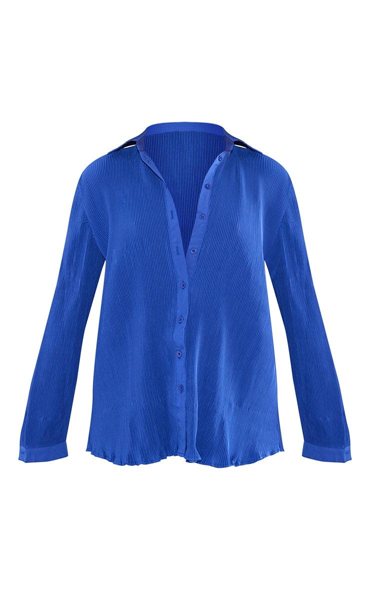 Blue  Plisse Oversized Button Front Shirt
