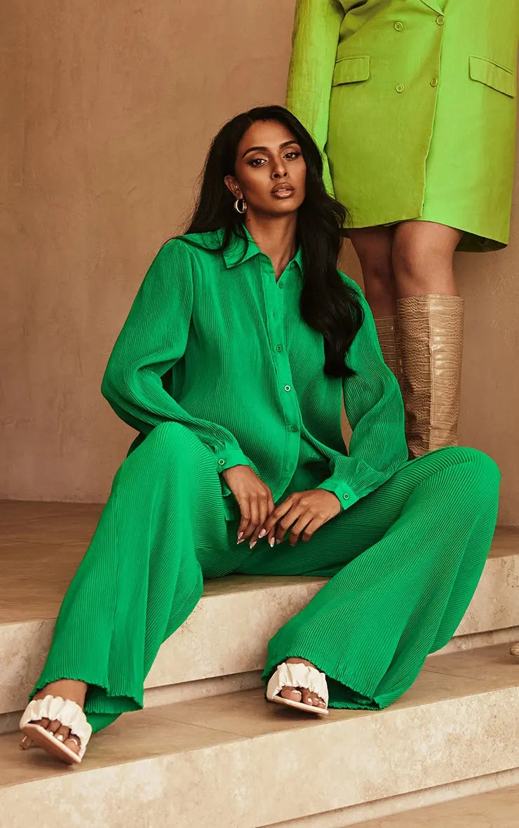 Green Plisse Oversized Button Front Shirt