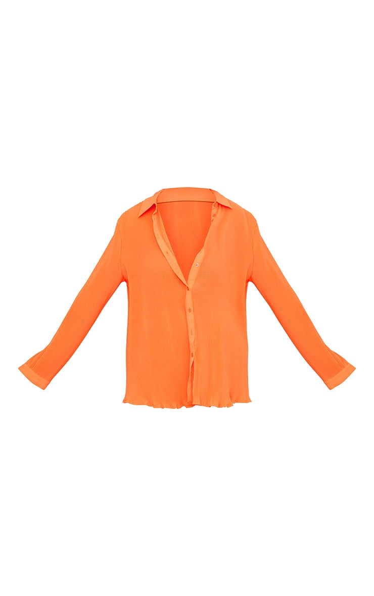 Orange Plisse Oversized Button Front Shirt